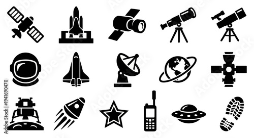 Solid black icons for military space operations and satellite technology. Rockets, spy satellites, and aerospace equipment collection. Vector illustration for space agency apps, defense technology bra