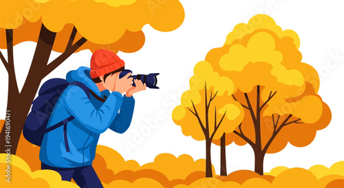 Photographer taking pictures of vibrant yellow autumn trees