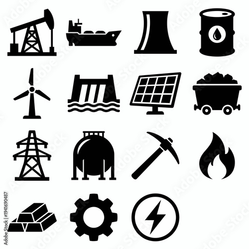 Solid black icons for energy resources and industrial power. Oil derricks, nuclear towers, and renewable energy collection. Vector illustration for economic dashboards, industrial branding, and strate