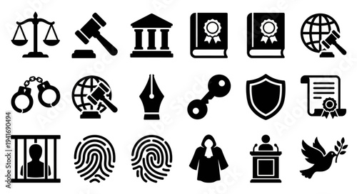 Solid black icons for international justice and law. Scales of justice, gavels, and legal document collection. Vector illustration for human rights platforms, legal tech apps, and diplomatic branding 