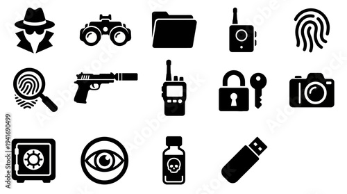 Solid black icons for espionage and covert operations. Night vision, secret files, and surveillance tools collection. Vector illustration for spy-themed games, cybersecurity blogs, and intelligence ag