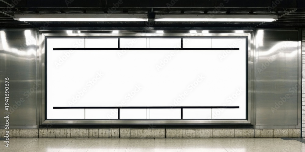 Obraz premium Subway station interior features large blank billboard. Metal walls, tiled floor, dim lighting create stark contrast. Empty space dominates scene.