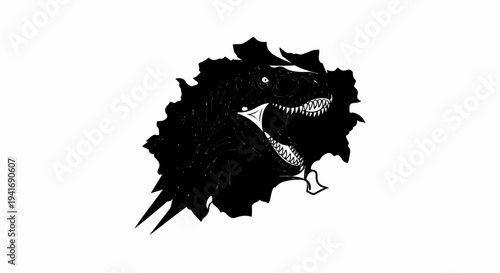 Fierce dinosaur head erupting from torn paper in dramatic black and white