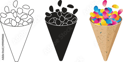 Vector illustration set featuring a waffle cone with falling colorful confetti or petals presented in outline silhouette and flat design styles ideal for festive celebrations and sweet treat concepts