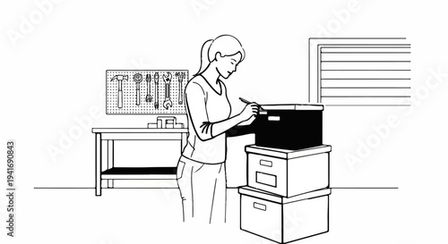Person labeling stacked boxes next to a workbench with tools on the wall