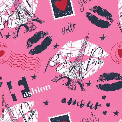 Fashion seamless pattern. Bonjour Paris. pattern with original calligraphic fonts, sketch Eiffel Tower and heart. for  fashion clothes, t shirt, child, wrapping paper. Creative girlish design  