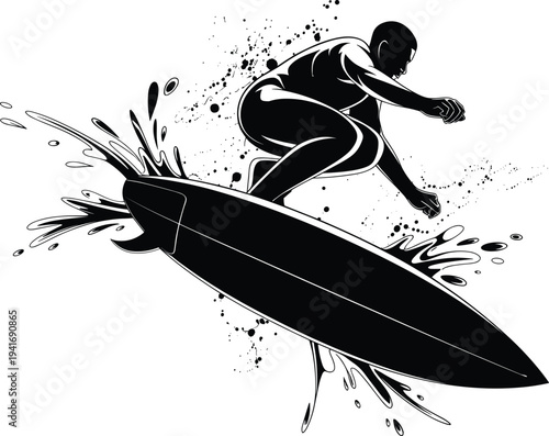 Surfer performing dynamic jump on surfboard with water splash, extreme ocean surfing sport silhouette vector illustration adventure action design