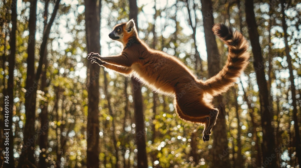 Fototapeta premium A leaping lemur in a forest setting.