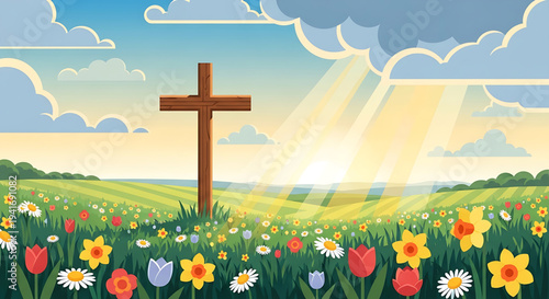 A serene wooden cross stands majestically in a vibrant spring meadow filled with colorful flowers under a hopeful sky, symbolizing Easter, faith, and renewal