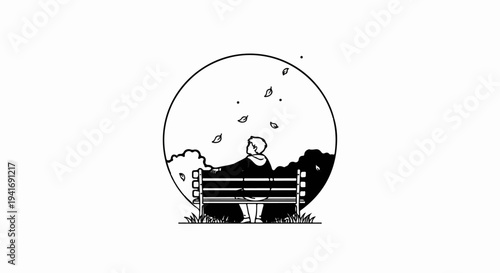 Person sitting on bench looking up at falling leaves in a circular frame