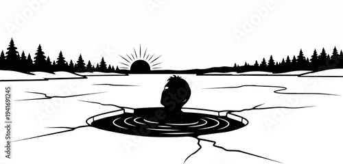 Person submerged in cracked ice with sun rising over forest