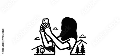 Person taking selfie in scenic mountainous landscape with trees and clouds