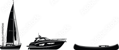Black silhouette sailboat motorboat and canoe on white background Keywords: sailboat, motorboat, canoe, boat, watercraft