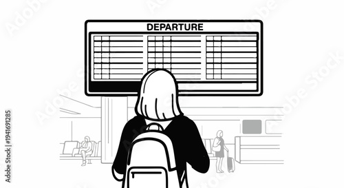 Person with backpack checks departure board at airport or train station