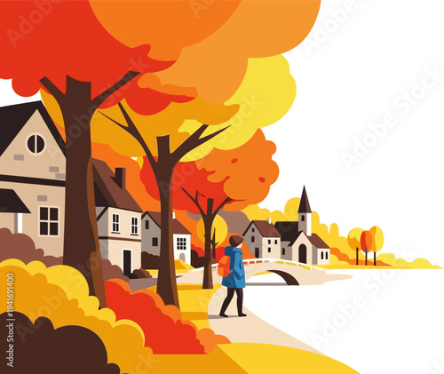 Traveler explores a charming autumn village by the river