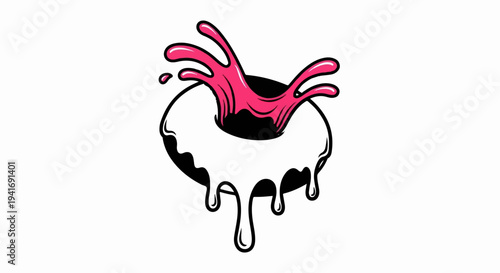 Pink splash emerging from a dripping white frosted donut