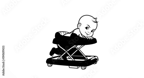 Playful baby in walker, poised to explore on wheeled device