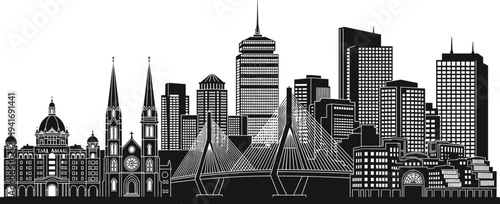 Boston Massachusetts Skyline Silhouette With Famous Landmarks And Buildings vector illustration