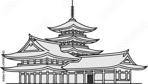 Ornate Japanese temple with tiered roofs and a tall spire reaching skyward