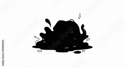 Playful cartoon elephant splashes in dark liquid