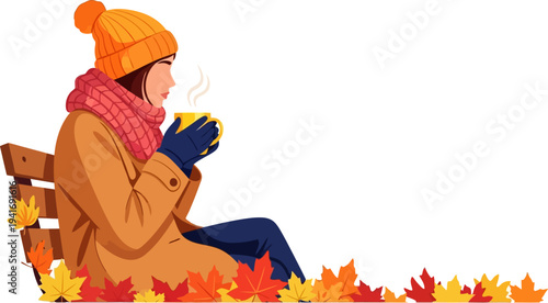 Woman drinking coffee on autumn park bench