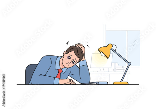 Exhausted Man Sitting At Desk Under Desk Lamp Feeling Overworked And Tired Working Late Office Environment Indoor Scene