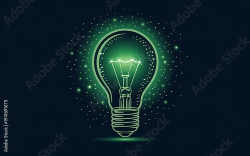 Luminous Green Light Bulb with Scattered Light Particles on a Dark Blue Background glowing