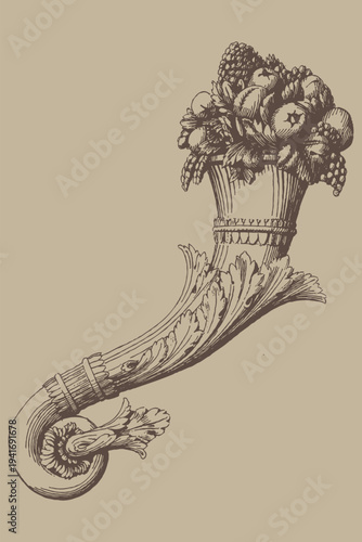 Cornucopia overflowing with fruit, decorative horn of plenty illustration, vintage style