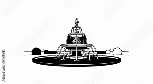 Ornate multi-tiered fountain with a statue, surrounded by stylized foliage