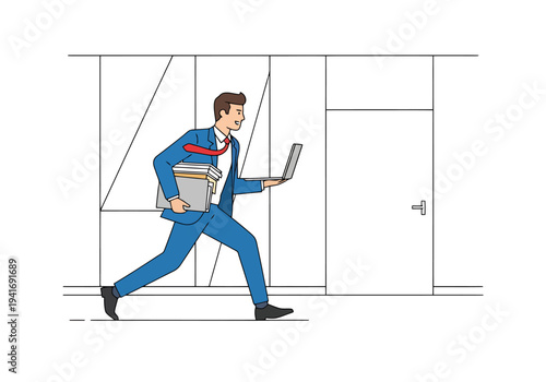 Business Man Running With Laptop and Documents Late For Meeting Office Corridor Scene Professional Career Sprinting Urgency Deadline Professionalism