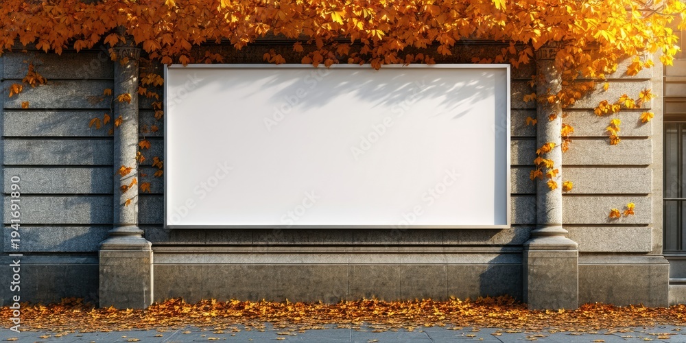 Fototapeta premium Exterior building facade. Blank billboard framed by columns, covered with autumn foliage. Leaves scattered on ground below. Sunlight creates shadows.