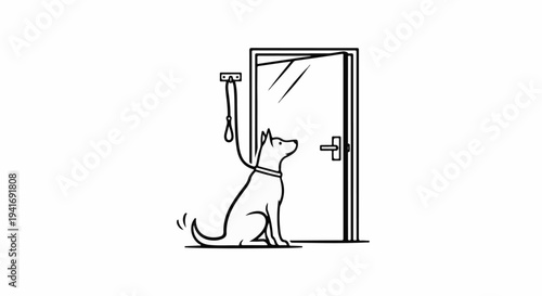 Line drawing of a dog sitting by a door with its leash hanging