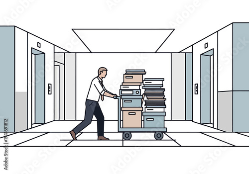 Office worker pushes full trolley stacked with document boxes and files down a modern hallway with elevators and office doors