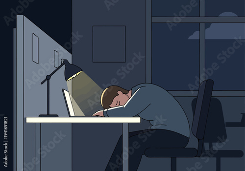 Overworked employee sleeping at desk late at night illuminated by desk lamp exhaustion concept
