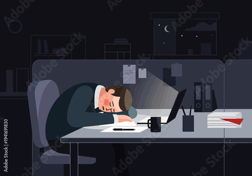 Tired Businessman Sleeping at Office Desk Late at Night Working Overtime Exhausted and Overwhelmed Business Professional Burnout Concept