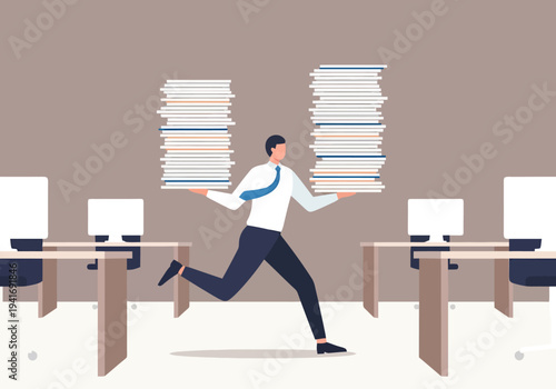 Business professional carrying large stacks of documents through an office space with desks and computers representing workload and administration
