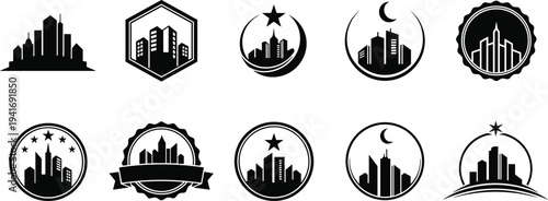 Collection of black city skyline logos and emblems building