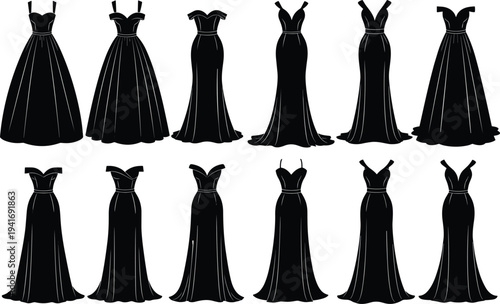 Collection of black silhouette formal evening gowns on white background Keywords: gown, dress, formal, evening, fashion