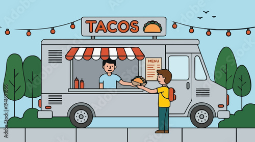 Man buys tacos from a silver food truck parked on a street with trees and string lights overhead on a clear day