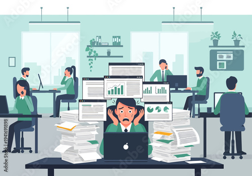Overwhelmed office worker with stacks of documents and digital screens showing data charts during busy workday deadlines pressure workload stress