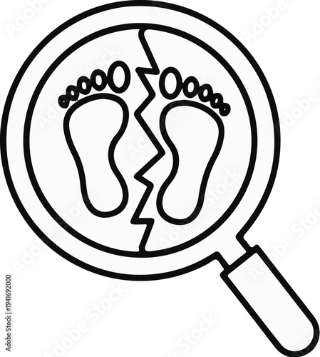 Magnifying glass over a broken footprint outline