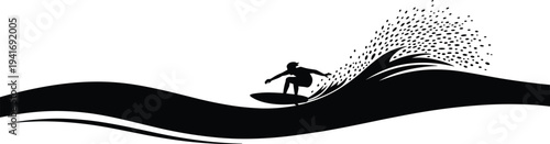 Silhouette surfer riding powerful ocean wave with spray minimalist black vector illustration surfing sport adventure sea motion design isolated graphic