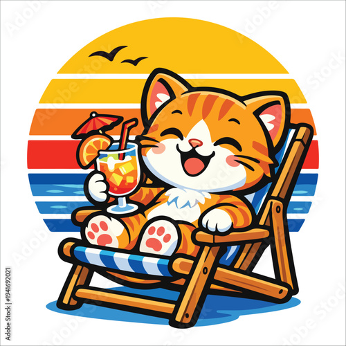 Cute cartoon tiger relaxing on beach chair with tropical drink and summer vibes illustration t-shirt design