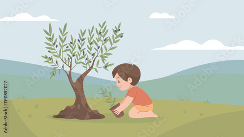 A young boy planting a tree in a green field on a sunny day with a blue sky