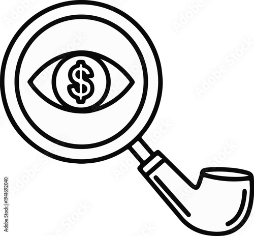 Magnifying glass inspects an eye with a dollar sign pupil