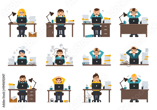 Business Professionals Feeling Stressed and Overwhelmed with Work and Deadlines at Office Desks with Piles of Documents and Laptops