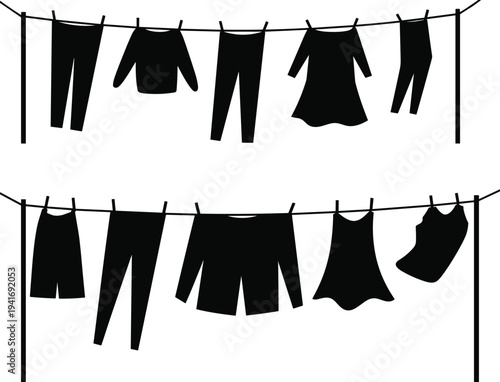 Clothes hanging on clothesline silhouette collection, laundry drying garments outdoors, household washing concept with apparel items on rope isolated on light background illustration