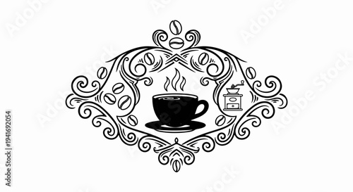Ornate vintage emblem featuring a steaming coffee cup, beans, and grinder