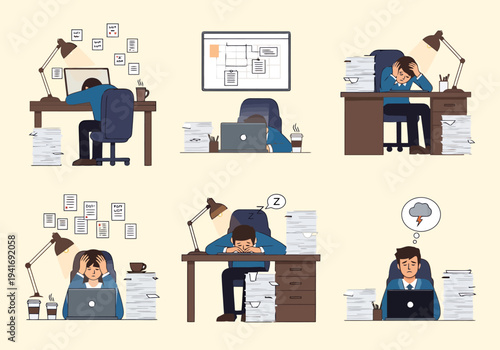 Depicting employee stress and overload with piles of paperwork and computer work showing signs of frustration and exhaustion at the office desk