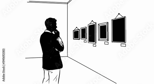 Man in a suit contemplates framed artwork in a gallery